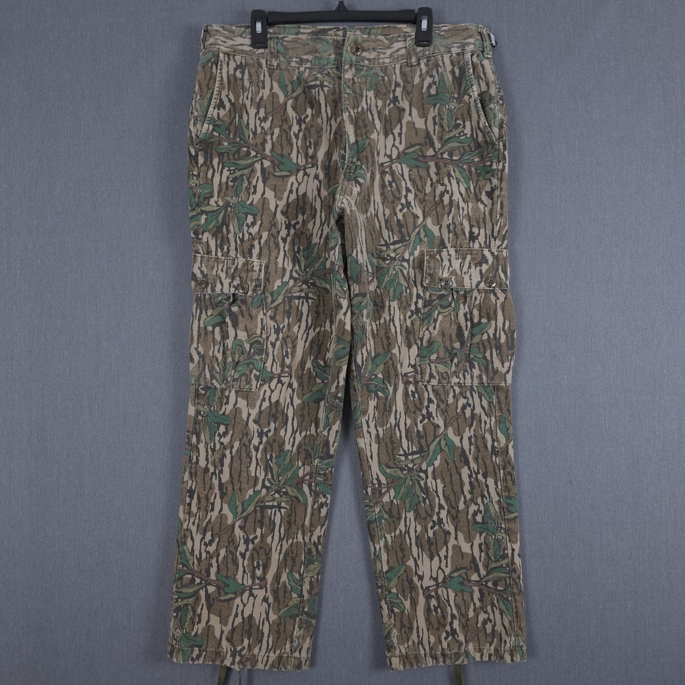 Vintage Mossy Oak Cargo Pants Mens (Fits 36x30) Green Leaf Camo Adjustable Waist